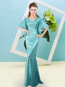 Fine Aqua Blue Zipper V-neck Sequins Prom Dresses Sequined Half Sleeves