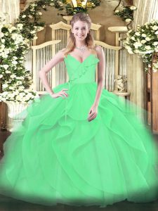 Pretty Green Ball Gowns Spaghetti Straps Sleeveless Tulle Floor Length Zipper Ruffles and Ruching 15th Birthday Dress