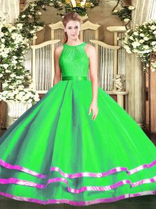 Cute Green Sleeveless Lace Floor Length Quinceanera Gowns