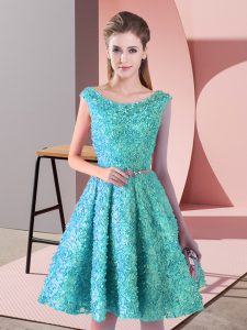 Aqua Blue Lace Lace Up Scoop Sleeveless Knee Length Prom Gown Belt