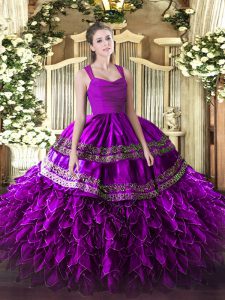 Floor Length Zipper 15 Quinceanera Dress Purple and In with Appliques and Ruffles