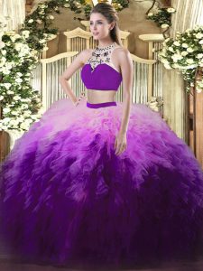 Designer Floor Length Multi-color Sweet 16 Quinceanera Dress High-neck Sleeveless Backless
