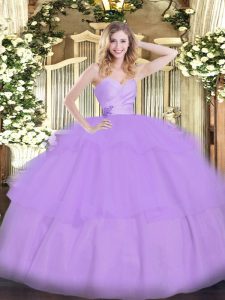 Glorious Lavender Organza Lace Up Quince Ball Gowns Sleeveless Floor Length Beading and Ruffled Layers