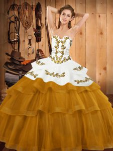 Gold Sleeveless Sweep Train Embroidery and Ruffled Layers Quinceanera Dresses
