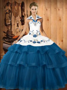 Stunning Halter Top Sleeveless Organza 15th Birthday Dress Embroidery and Ruffled Layers Sweep Train Lace Up
