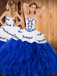 Royal Blue Sleeveless Satin and Organza Lace Up Quinceanera Gowns for Military Ball and Sweet 16 and Quinceanera