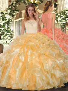 Gold Ball Gowns Organza Scoop Sleeveless Lace and Ruffles Floor Length Clasp Handle 15th Birthday Dress
