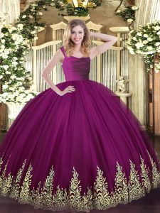 Wonderful Fuchsia Ball Gowns Tulle Straps Sleeveless Beading and Appliques Zipper Vestidos de Quinceanera
