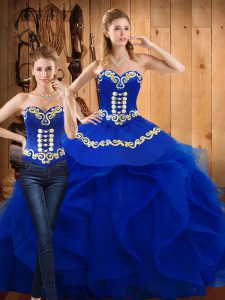 Elegant Blue Sleeveless Floor Length Embroidery and Ruffles Lace Up Sweet 16 Dresses