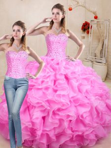 Gorgeous Organza Sweetheart Sleeveless Lace Up Beading and Ruffles Quinceanera Dresses in Rose Pink
