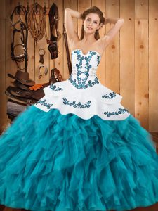 Floor Length Lace Up Quinceanera Dresses Teal for Military Ball and Sweet 16 and Quinceanera with Embroidery and Ruffles