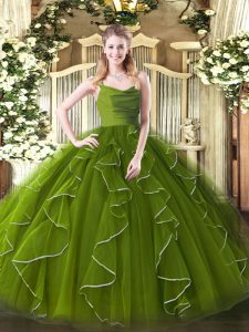 Classical Olive Green Ball Gowns Ruffles 15 Quinceanera Dress Zipper Organza Sleeveless Floor Length