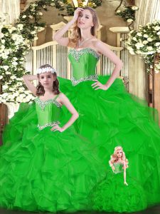 Spectacular Sweetheart Sleeveless Sweet 16 Dresses Floor Length Ruffles Green Organza