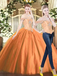 Sophisticated Orange Red Two Pieces Off The Shoulder Sleeveless Tulle Floor Length Lace Up Beading Ball Gown Prom Dress