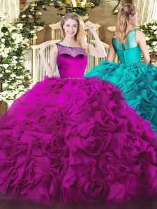 Customized Ball Gowns Ball Gown Prom Dress Fuchsia Scoop Fabric With Rolling Flowers Sleeveless Zipper