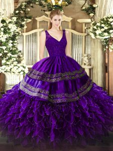 Excellent Purple Sleeveless Beading and Lace and Ruffles Floor Length Sweet 16 Dress