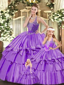 Ball Gowns Quinceanera Gowns Lilac Straps Organza Sleeveless Floor Length Lace Up