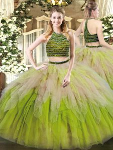 Wonderful Halter Top Sleeveless Lace Up Quinceanera Gown Multi-color Tulle