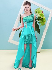 Custom Designed One Shoulder Sleeveless Prom Dress High Low Beading and Sequins Aqua Blue Elastic Woven Satin and Sequined