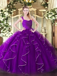 Shining Organza Straps Sleeveless Zipper Ruffles Quinceanera Dresses in Eggplant Purple