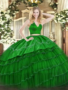 Green Tulle Zipper Quinceanera Gown Sleeveless Floor Length Embroidery
