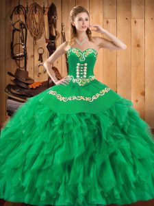 Green Quinceanera Gowns Military Ball and Sweet 16 and Quinceanera with Embroidery and Ruffles Sweetheart Sleeveless Lace Up