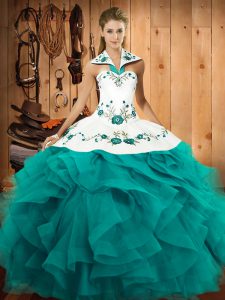Embroidery and Ruffles Sweet 16 Dress Teal Lace Up Sleeveless Floor Length