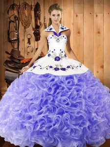 Fantastic Floor Length Lavender Quince Ball Gowns Halter Top Sleeveless Lace Up