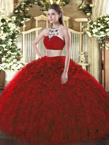 Comfortable High-neck Sleeveless 15 Quinceanera Dress Floor Length Beading and Ruffles Wine Red Tulle