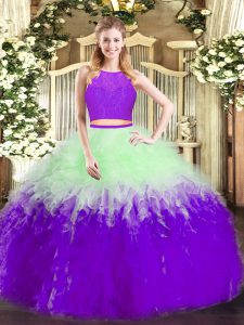Great Sleeveless Tulle Floor Length Zipper Quinceanera Gowns in Multi-color with Ruffles