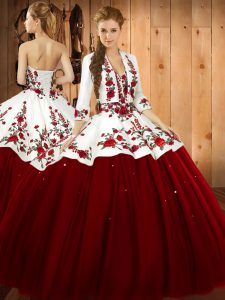 Wine Red Ball Gowns Satin and Tulle Sweetheart Sleeveless Embroidery Floor Length Lace Up Sweet 16 Dress