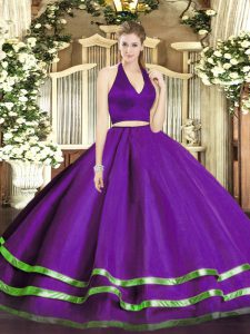 Floor Length Purple Quince Ball Gowns Tulle Sleeveless Ruffled Layers