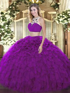 Purple Halter Top Neckline Beading and Ruffles Sweet 16 Dresses Sleeveless Backless