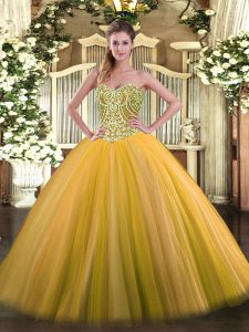Eye-catching Floor Length Gold Quinceanera Dresses Sweetheart Sleeveless Lace Up