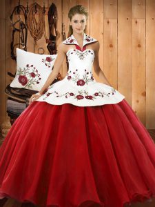 Fashion Halter Top Sleeveless Lace Up Quinceanera Dresses Wine Red Satin and Tulle