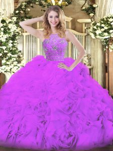 Glorious Eggplant Purple Ball Gowns Tulle Halter Top Sleeveless Beading and Ruffles Floor Length Zipper Ball Gown Prom Dress