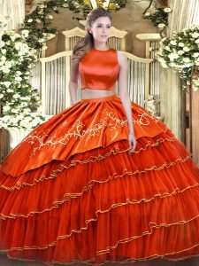 Best Orange Red High-neck Neckline Embroidery and Ruffled Layers 15 Quinceanera Dress Sleeveless Criss Cross