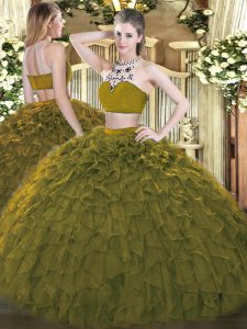 High Quality Sleeveless Floor Length Beading and Ruffles Backless Sweet 16 Quinceanera Dress with Olive Green
