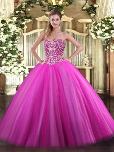 Sweetheart Sleeveless Tulle Quinceanera Gowns Beading Lace Up