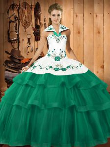 Halter Top Sleeveless Sweep Train Lace Up Quinceanera Dresses Turquoise Organza