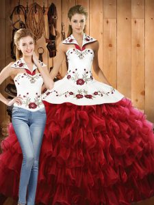 Attractive Red Ball Gowns Organza Halter Top Sleeveless Embroidery and Ruffled Layers Floor Length Lace Up Quinceanera Gown