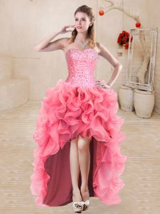 Pretty Sweetheart Sleeveless Prom Gown High Low Beading and Ruffles Watermelon Red Organza
