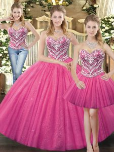 Gorgeous Hot Pink Ball Gowns Tulle Sweetheart Sleeveless Beading Floor Length Lace Up Sweet 16 Dress