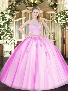 Sleeveless Floor Length Lace and Appliques Zipper Quince Ball Gowns with Fuchsia