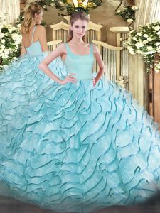 Aqua Blue Ball Gowns Straps Sleeveless Organza Brush Train Zipper Ruffled Layers 15th Birthday Dress