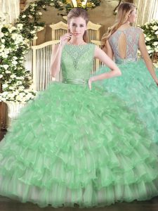 Apple Green Backless Scoop Beading and Ruffled Layers Sweet 16 Dresses Tulle Sleeveless