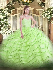 Fashion Sleeveless Beading and Ruffled Layers Lace Up Vestidos de Quinceanera with Yellow Green Brush Train