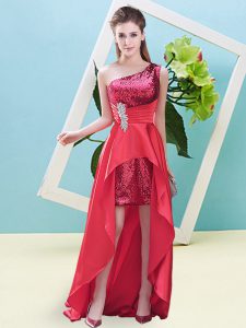 Clearance Coral Red Lace Up Prom Dress Beading and Sequins Sleeveless High Low