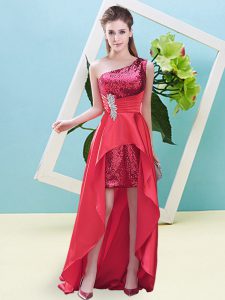 Clearance Coral Red Lace Up Prom Dress Beading and Sequins Sleeveless High Low