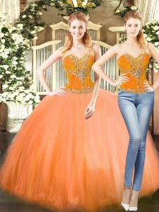 Tulle Sweetheart Sleeveless Lace Up Beading 15th Birthday Dress in Orange Red